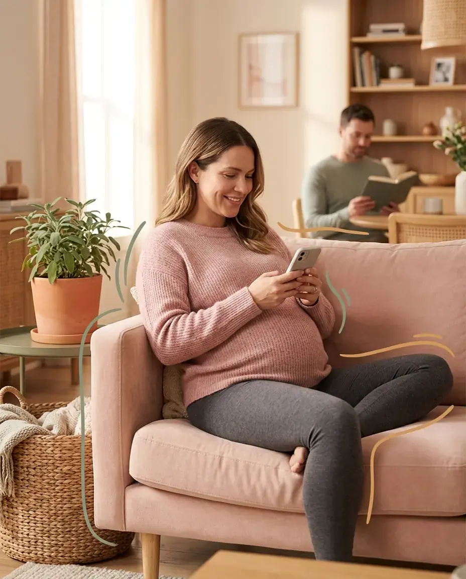 A pregnant woman comfortably using the Mia Doula app on her phone at home.