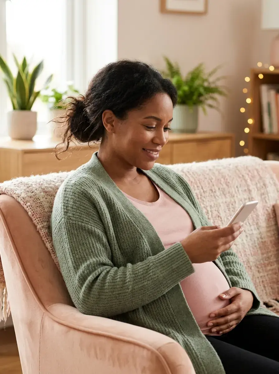 Woman looking at her phone, feeling supported during pregnancy