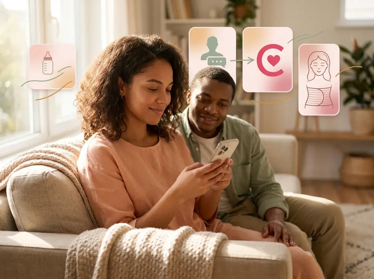Woman downloading Mia Doula app on her phone.