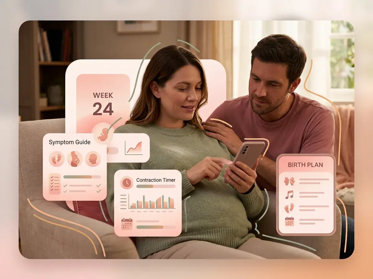 Mia Doula app showing week-by-week pregnancy tracking.