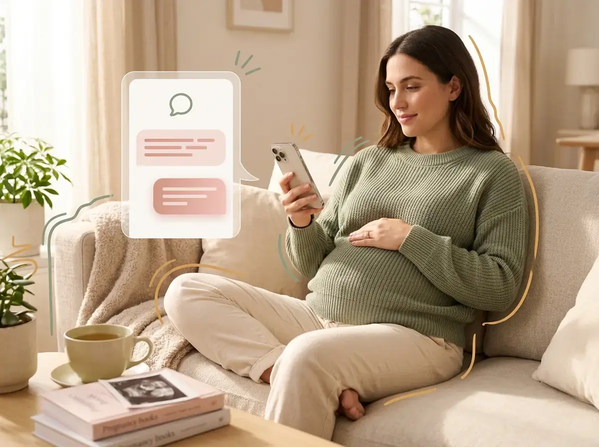 A pregnant woman in a calm home setting, with a subtle digital glow representing AI doula support