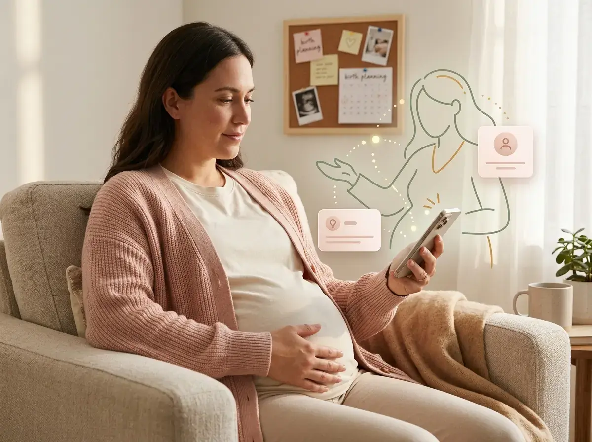 A woman calmly interacting with a pregnancy app on her phone in a relaxed home environment