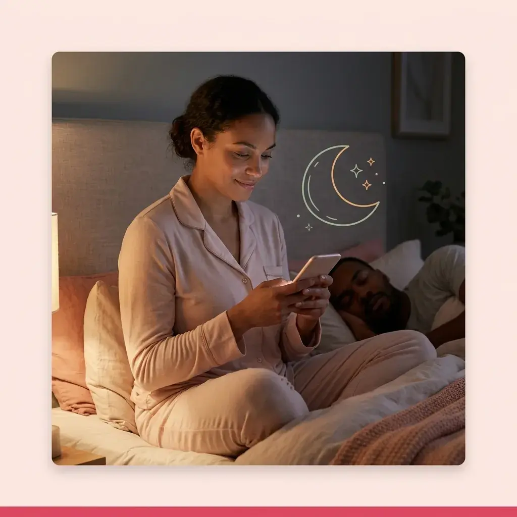 Woman checking her phone in bed at night for a calm answer