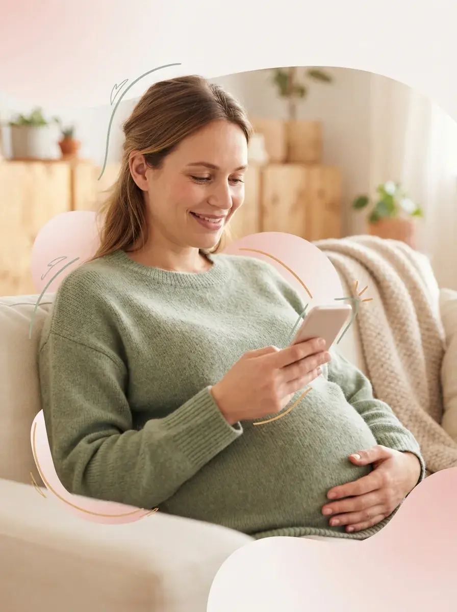 Woman looking at her phone, feeling calm and supported by the Mia Doula app.