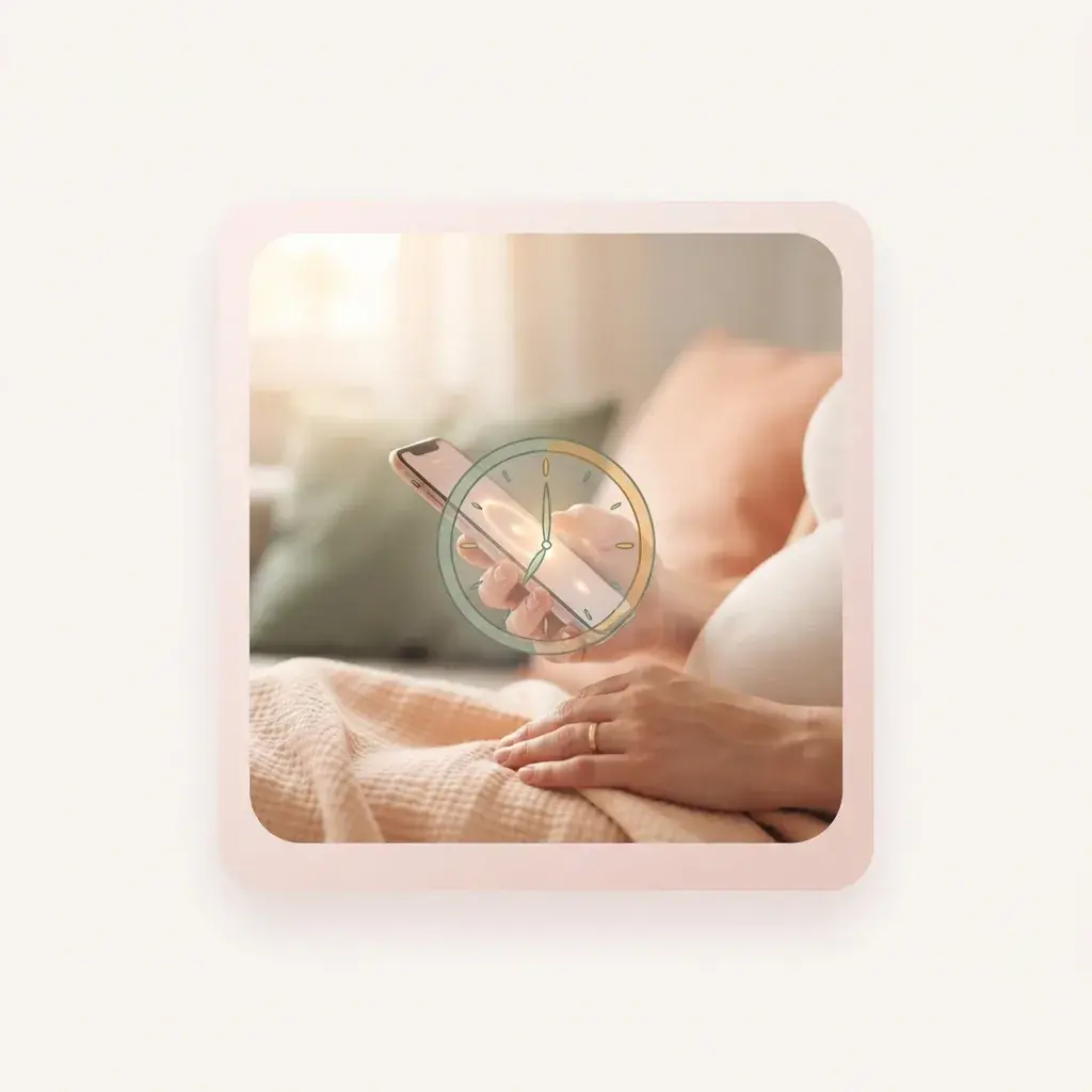 Pregnant woman calmly tracking early contractions with a phone.