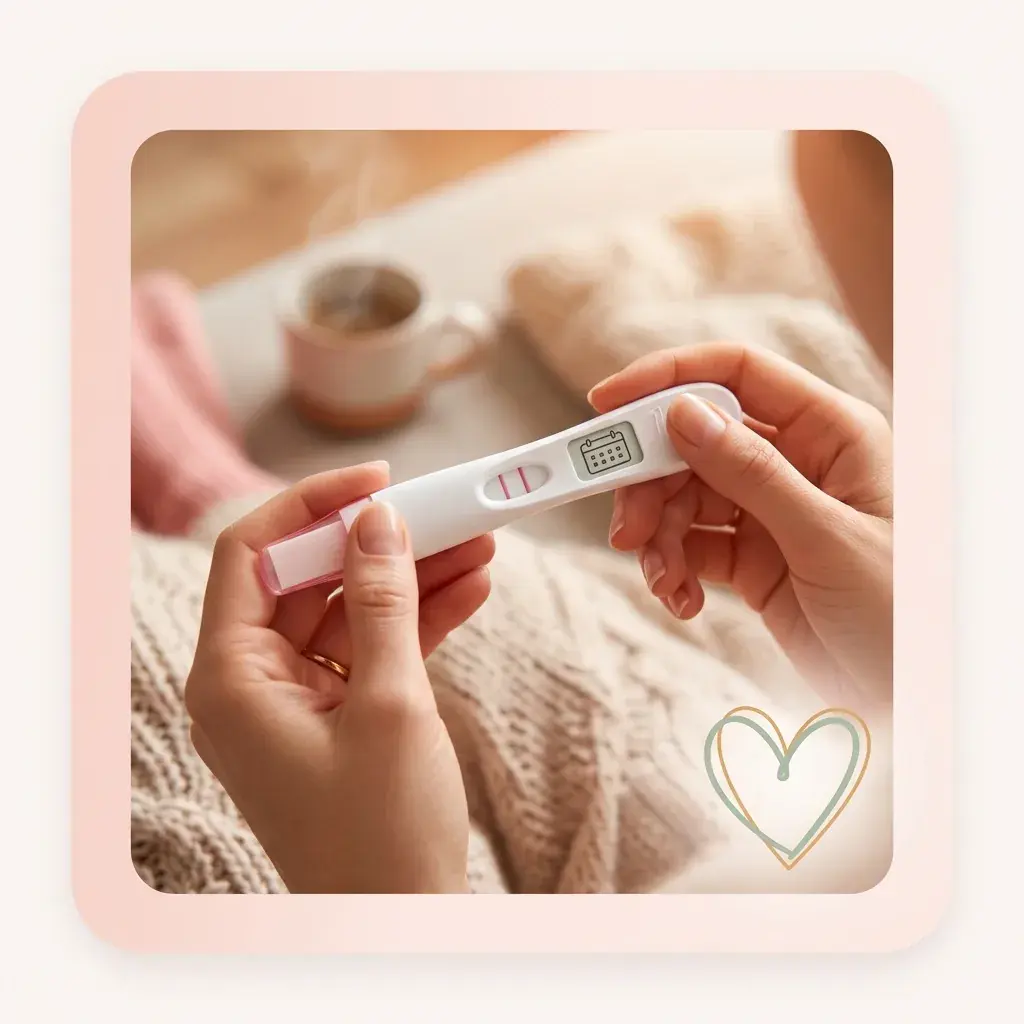 Woman looking at a positive pregnancy test, calculating her due date with a warm feeling.