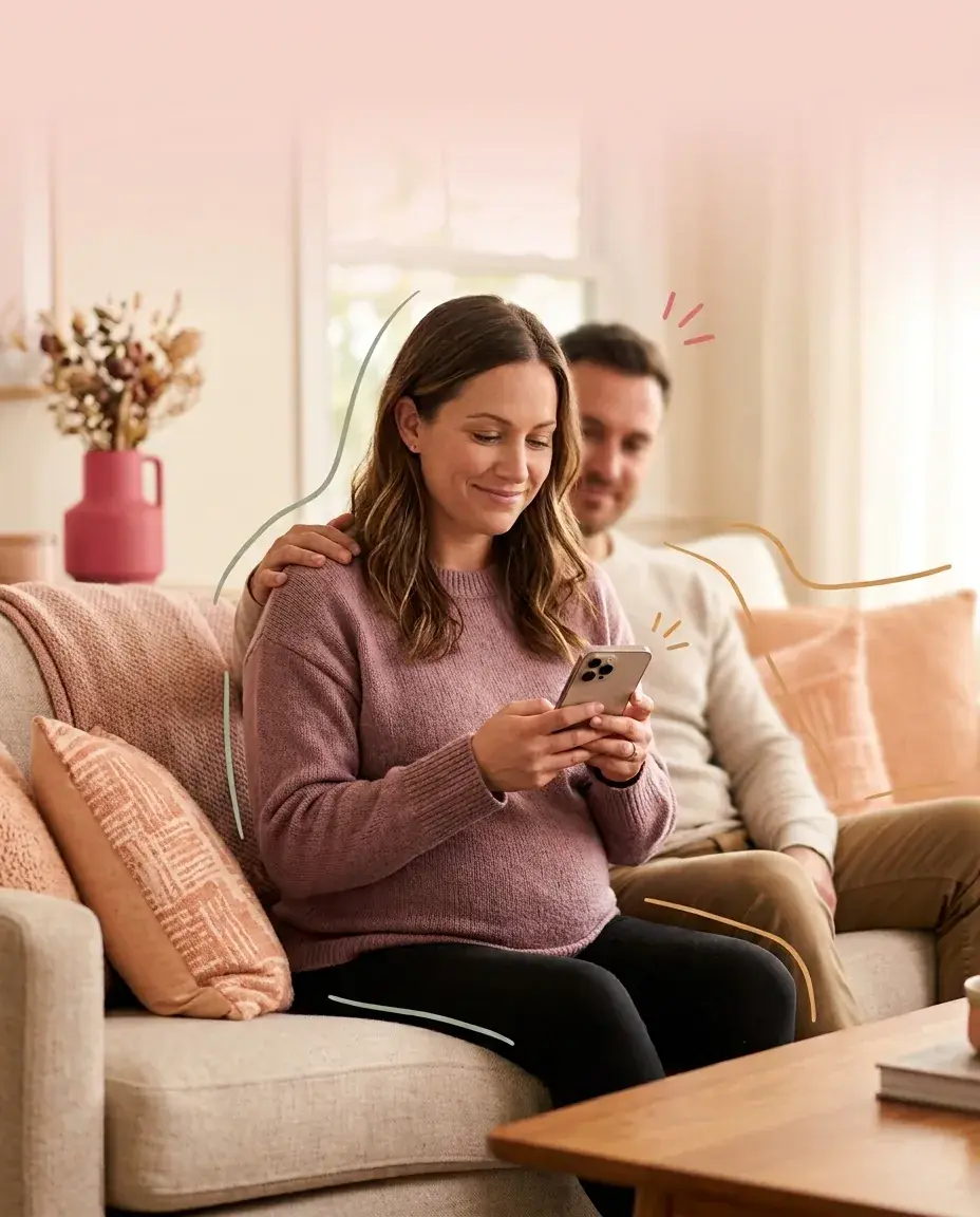 A pregnant woman in a cozy living room, calmly looking at her phone, with her partner's hand on her shoulder, symbolizing reassuring AI doula support.