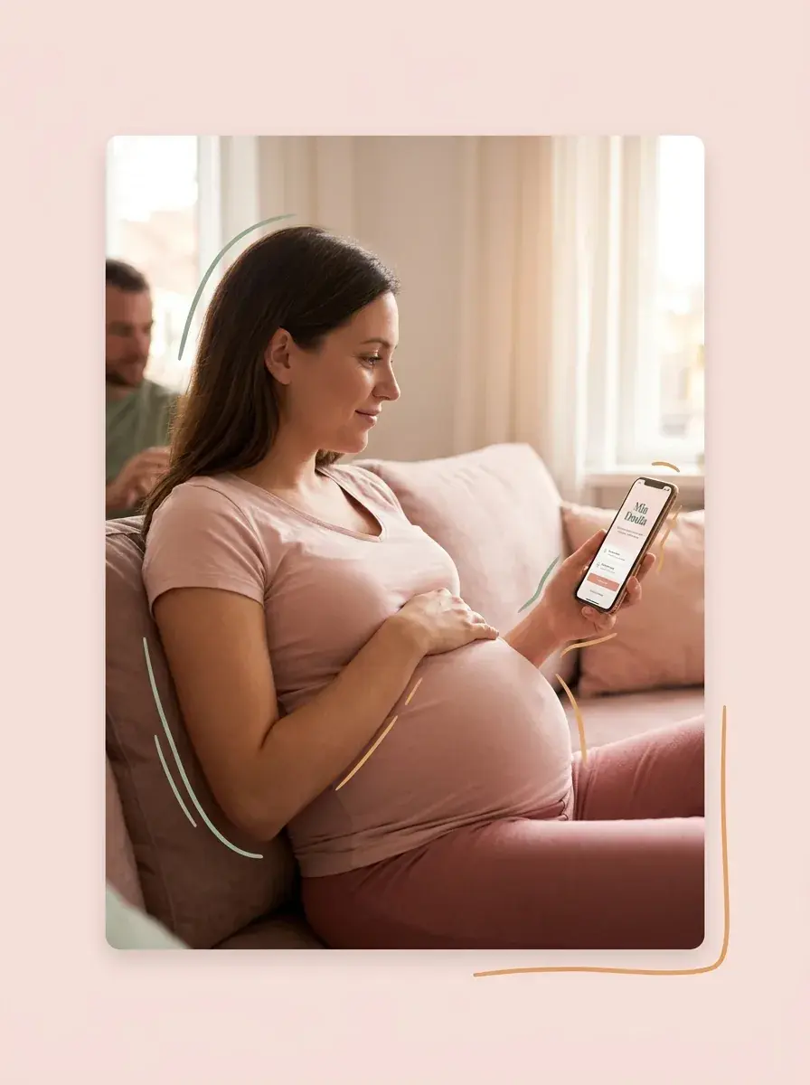 Woman using Mia Doula app for pregnancy tracking and AI doula support