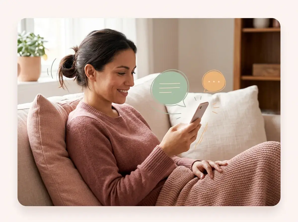 Woman using Mia Doula app on phone, looking relaxed and chatting