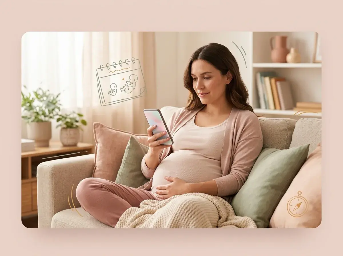 Pregnant woman viewing week-by-week progress in Mia Doula app