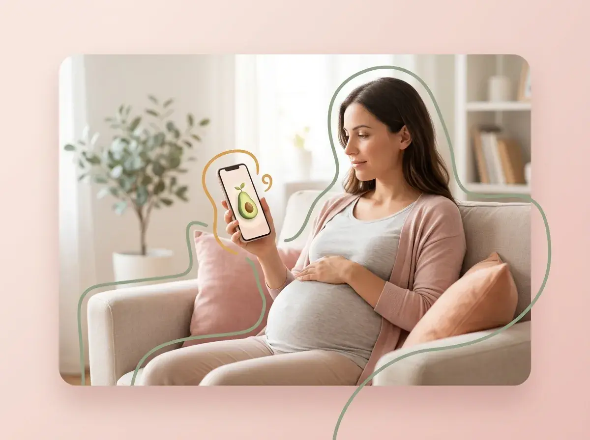 Woman looking at her phone with a calm expression, partner nearby, illustrating personalized pregnancy support.