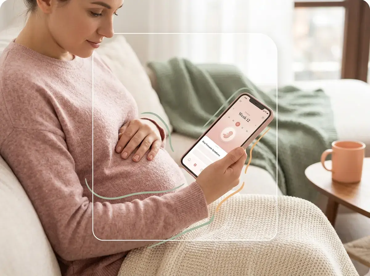 Woman smiling confidently while using a pregnancy app on her phone, showing a sense of calm and control.