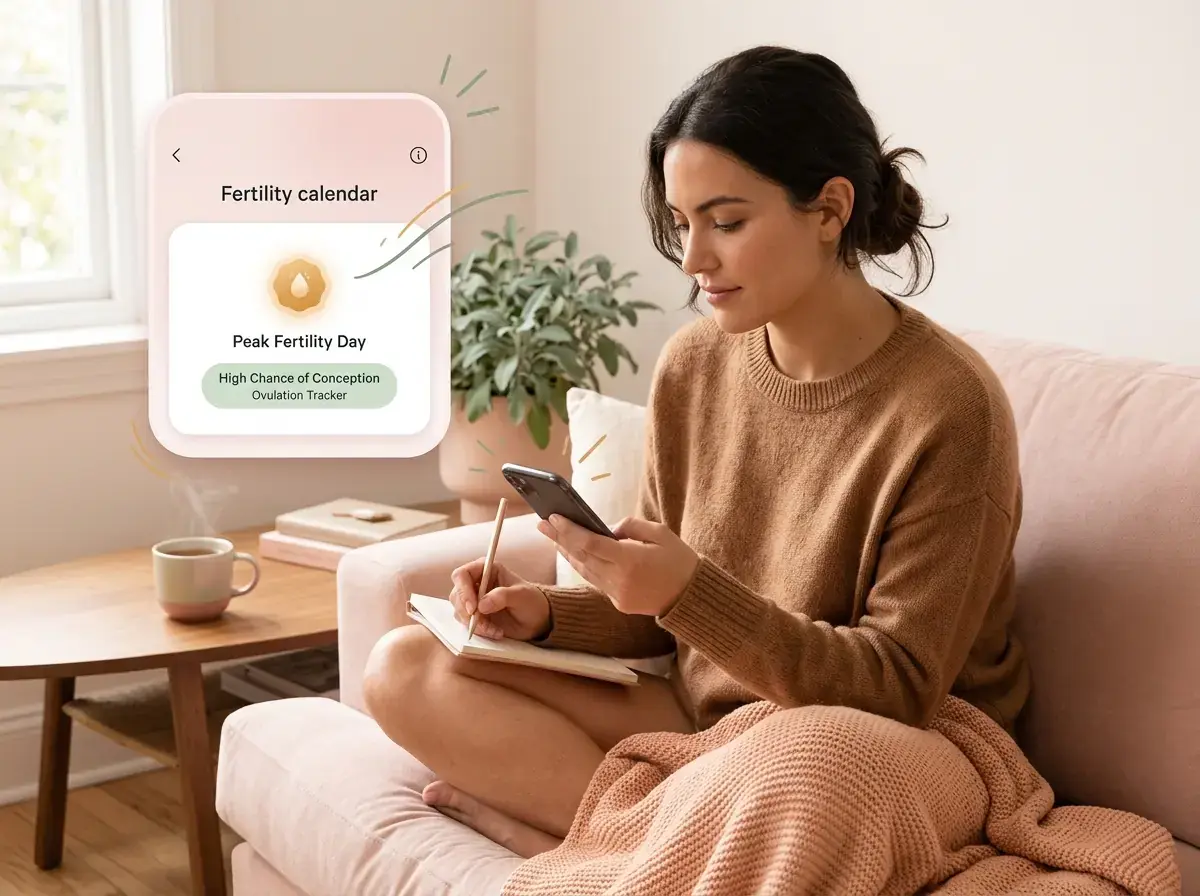 A woman looking at an ovulation tracker app on her phone, with a serene and informed expression, in a comfortable setting.